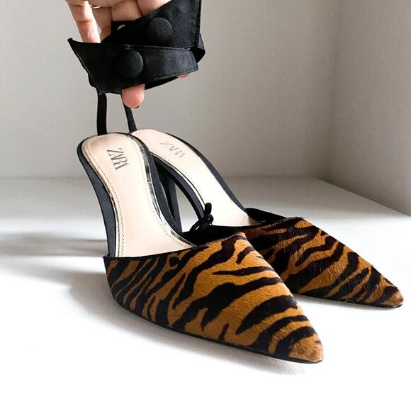Zara Tiger Stripe Print Ankle Strap Pointy Toe Heels 37 - Picture 2 of 12